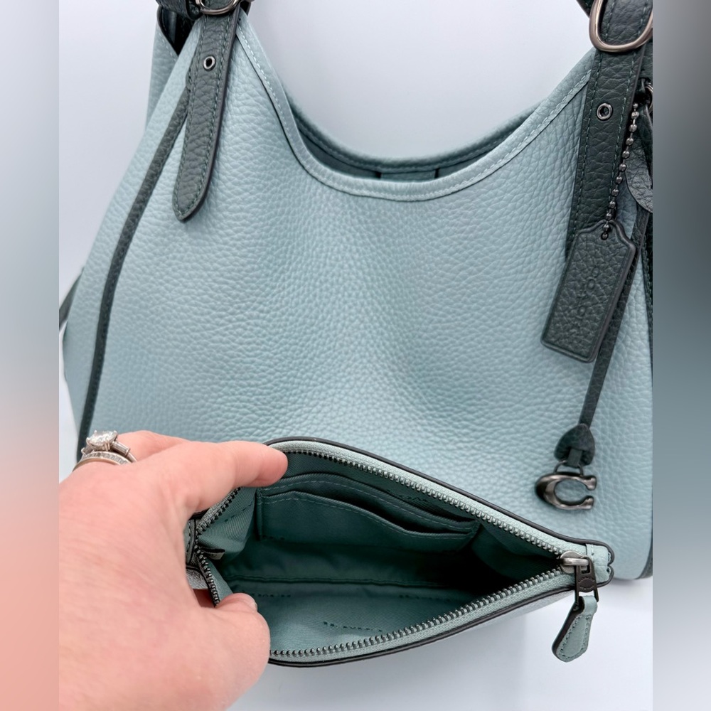 Coach Lori Shoulder Bag Wristlet Set Sage Aqua Pebble Leather Pewter C6627 - Picture 12 of 14
